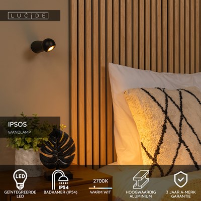 Lucide IPSOS - Wandlamp Badkamer - LED - 1x6W 2700K - IP54 - Zwart